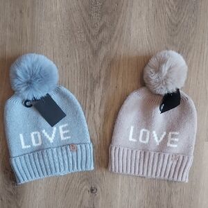 NEW Womens Love Pom-Pom Beanie Set - Gray and Beige